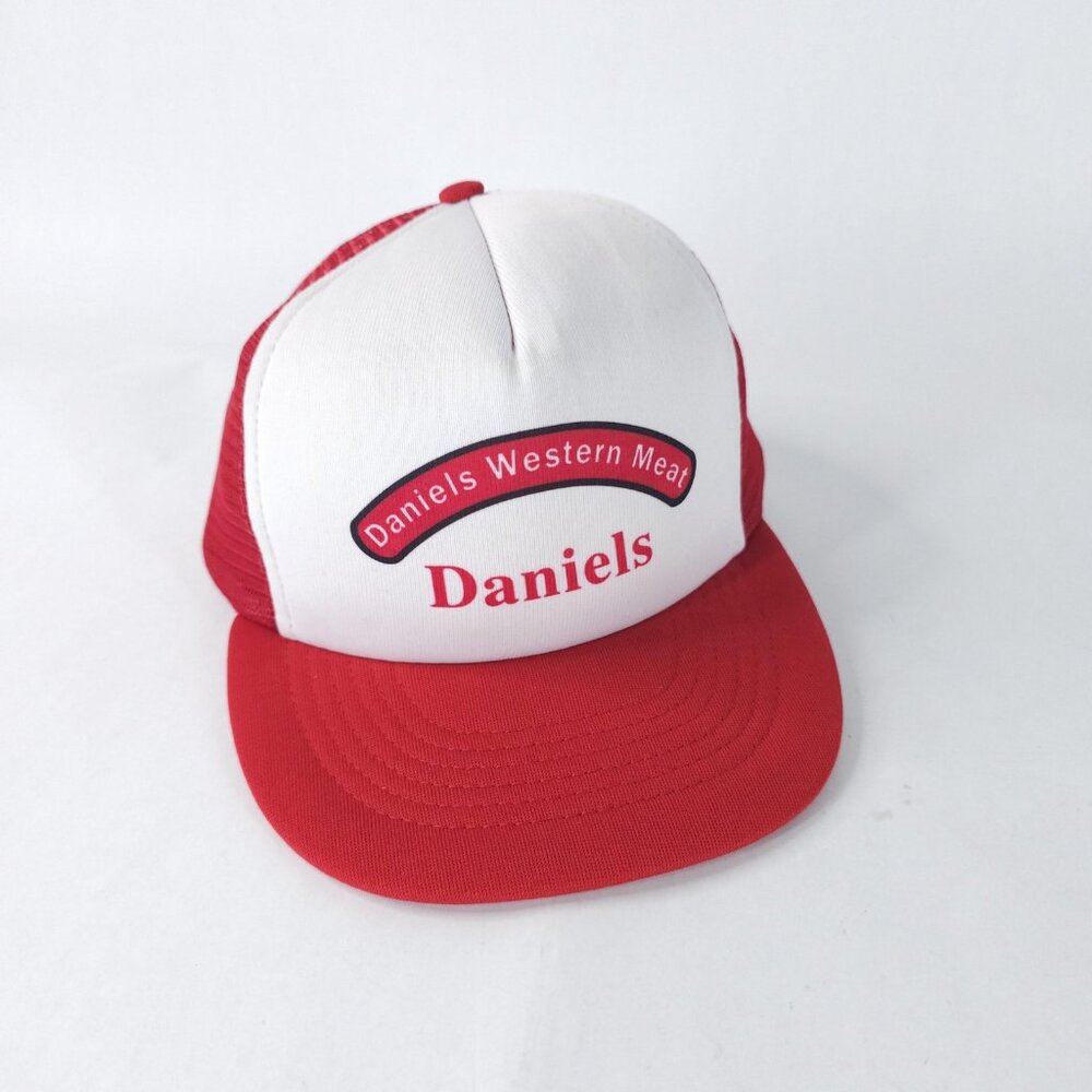 Vintage Daniels Western Meat Hat Cap Snap Back Red White Mesh Trucker Promo 80s